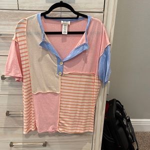 Bibi Short Sleeve Color Blocking Striped Top